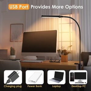 ShineTech LED Desk Lamp for Home Office, Eye-Caring Desk Light with Clamp, 3 Colors Stepless Brightness Adjustable Flexible Gooseneck, USB Adapter Architect Task Lamps for College Dorm Room, Black