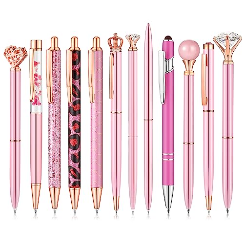 BESARME 12 Pcs Pink Ballpoint Pens Set, Pink Gifts for Women Crystal Diamond Pens Retractable Glitter Fancy Pens for Journaling Offices Schools Wedding Home Stationery Supplies Mother's Day Gift