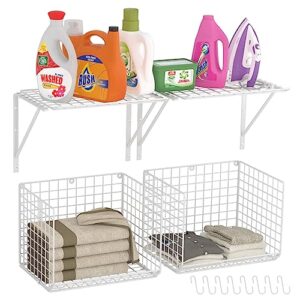 2 pack laundry room shelves wall mounted with wire baskets, over the washer and dryer shelf with clothes drying rack, 8 hooks，wire shelves baskets for laundry closet organization and storage, white