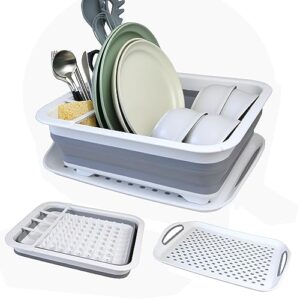 MontNorth Collapsible Dish Drying Rack with Drainboard for Drying Dishes,Foldable Design with Dinnerware Storage Tray for Kitchen Counter RV Camper Accessories