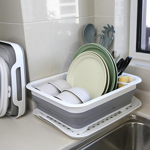 MontNorth Collapsible Dish Drying Rack with Drainboard for Drying Dishes,Foldable Design with Dinnerware Storage Tray for Kitchen Counter RV Camper Accessories
