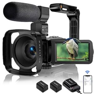 camcorders video camera 4k, 48mp ultra hd wifi vlogging camera for youtube, ir night vision 3.0" touch screen 16x digital video recorder with microphone, stabilizer, lens hood, remote,2 batteries
