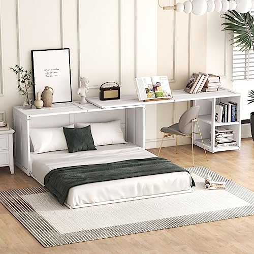 DNChuan Murphy Bed Queen Size with Rotable Desk and 2 Tiers Storage Cabinet,Pine Wood and Foldable Platform Bed Frame,White