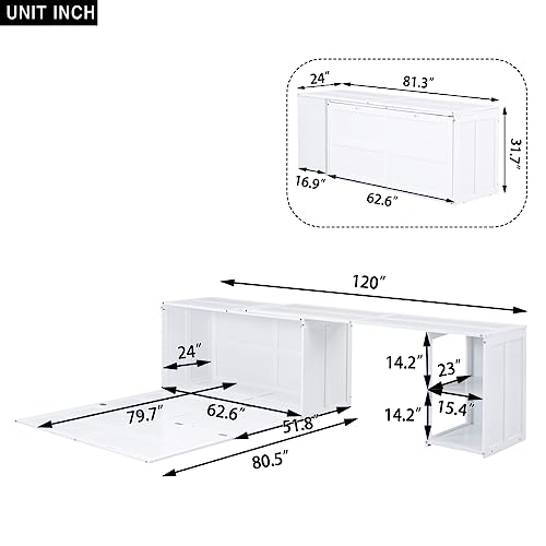 DNChuan Murphy Bed Queen Size with Rotable Desk and 2 Tiers Storage Cabinet,Pine Wood and Foldable Platform Bed Frame,White