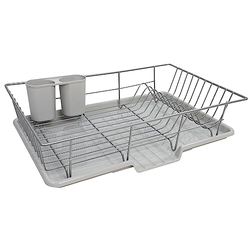 Sweet Home Collection Space-Saving 3-Piece Dish Drainer Rack Set: Efficient Kitchen Organizer for Quick Drying and Storage - Includes Cutlery Holder and Drainboard - Maximize Countertop Space, Silver