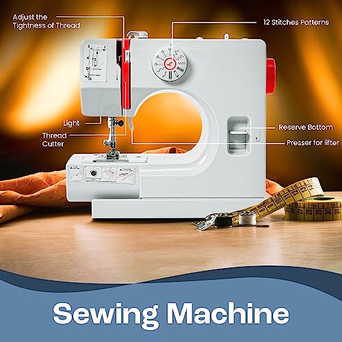 WALLECOM Portable Sewing Machine for Beginners and Kids with 12 Stitch Applications, Dual Speed, and Reverse Stitch- Small Sewing Machine with Foot Pedal, Easy to Use Electric Mini Sewing Machine