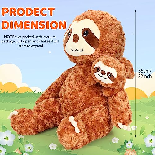 Reinbow 22Inch Sloth Stuffed Animal with Baby Sloth, 2 in 1 Giant Mom Sloth Plush Toys Fluffy Pillow for Kids Adults, Hug Plushies Gift for Birthday, Christmas, Room Decoration