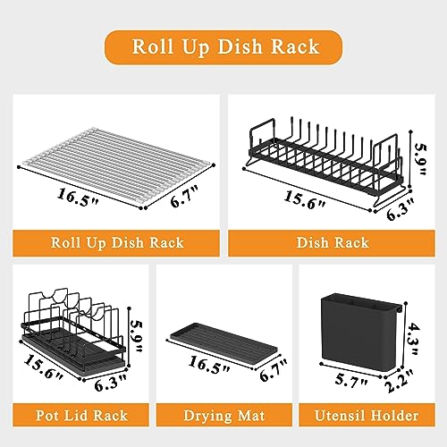GILLAS 3 Pack Dish Drying Rack & Pot and Pan Organizer & Over The Sink Roll up Dish Drying Rack, 3 in 1 Roll-Up Dish Plates Rack Holder for Kitchen Sink, for Dishes, Knives, Spoons, and Forks, Black
