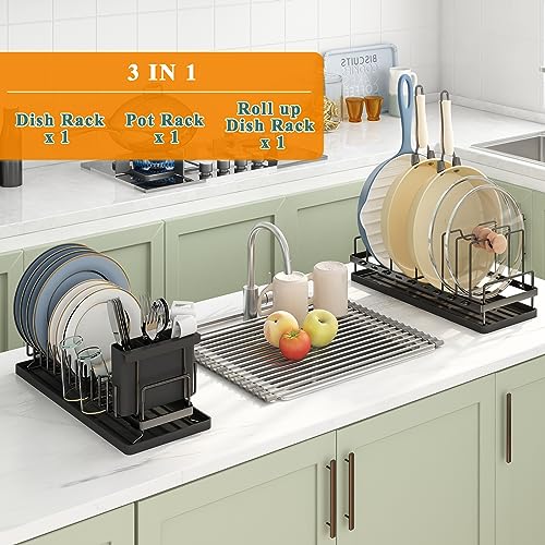 GILLAS 3 Pack Dish Drying Rack & Pot and Pan Organizer & Over The Sink Roll up Dish Drying Rack, 3 in 1 Roll-Up Dish Plates Rack Holder for Kitchen Sink, for Dishes, Knives, Spoons, and Forks, Black