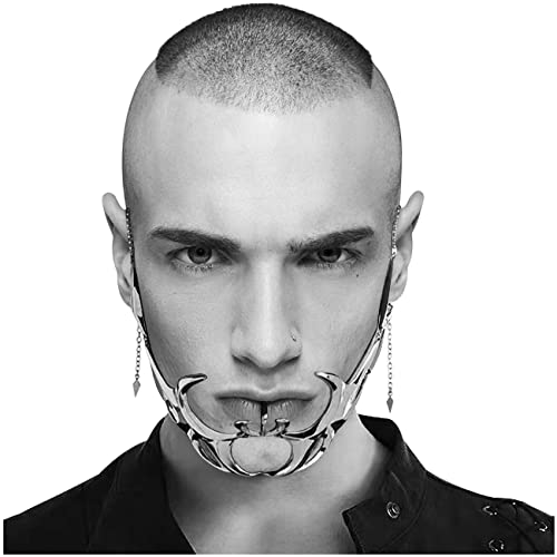 Sirytova Cyber Punk Half Face Mask For Women Men Luxury Irregular Jewelry Futuristic Face Chain Cyborg Earring Silver Accessories(Silver-2)