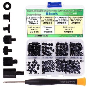 zmbroll 200pcs m.2 screw kit,black m2 ssd mounting screws,nvme screw for laptops,m.2 standoff and screw for asus gigabyte msi motherboards screw with screwdriver