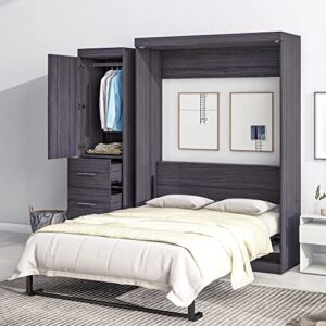 tdewlye wooden full size murphy bed with wardrobe and 3 drawers,storage bed can be folded into a cabinet,for small spaces apartments studio guest room use (gray#wardrobe)