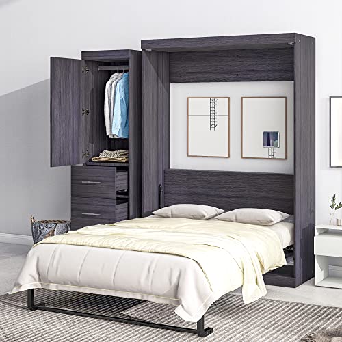 Tdewlye Wooden Full Size Murphy Bed with Wardrobe and 3 Drawers,Storage Bed can be Folded into a Cabinet,for Small Spaces Apartments Studio Guest Room Use (Gray#Wardrobe)