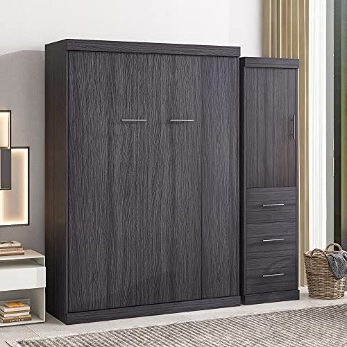 Tdewlye Wooden Full Size Murphy Bed with Wardrobe and 3 Drawers,Storage Bed can be Folded into a Cabinet,for Small Spaces Apartments Studio Guest Room Use (Gray#Wardrobe)