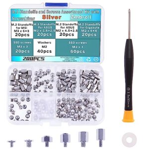 zmbroll 200pcs m.2 ssd mounting screws silver laptop screws m.2 standoff and screw m2 motherboard standoffs notebook computer screw set with screwdriver for asus gigabyte msi motherboards