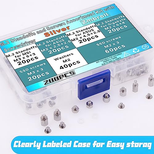 Zmbroll 200Pcs M.2 SSD Mounting Screws Silver Laptop Screws m.2 Standoff and Screw M2 Motherboard Standoffs Notebook Computer Screw Set with Screwdriver for Asus Gigabyte MSI Motherboards