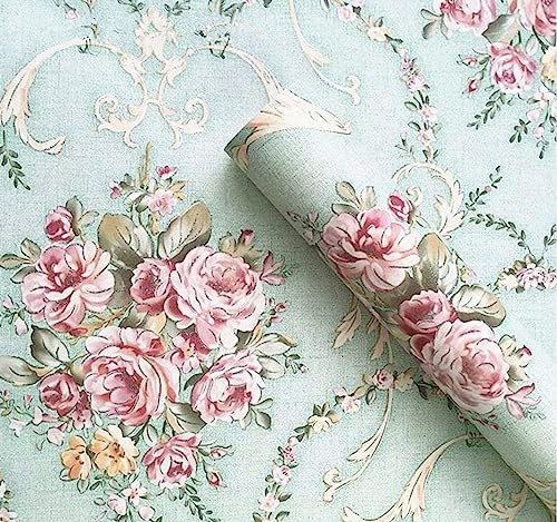 Vintage Light Green Rural Rose Adhesive Paper Shelf Liner Funitures Dresser Drawer Cabinet Decor 17.7 Inch by 96 Inch (Green, 17.7inchX196inch(16.4Ft))