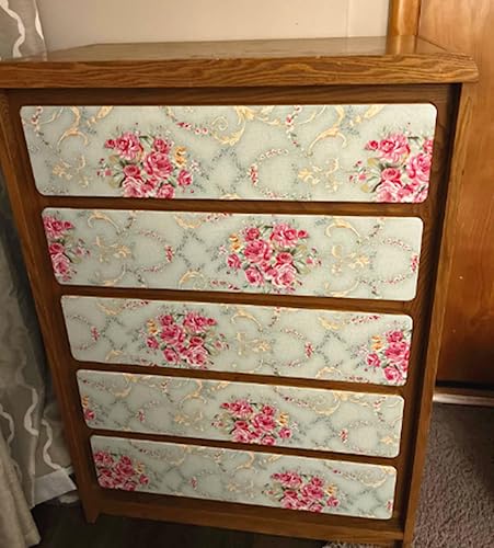 Vintage Light Green Rural Rose Adhesive Paper Shelf Liner Funitures Dresser Drawer Cabinet Decor 17.7 Inch by 96 Inch (Green, 17.7inchX196inch(16.4Ft))