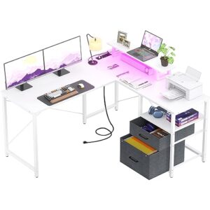 homieasy l shaped computer desk with storage file drawer, reversible home office desk with recessed power strip and led strip, corner gaming desk work study table with monitor stand, white