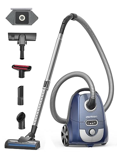 Aspiron Canister Vacuum Cleaner, 1300W Bagged Canister Vacuum, Turbo Brush, 5 Tools, 3.7Qt, H13 HEPA Filter, Automatic Cord Rewind, Vacuum Cleaner for Carpets, Hardwood Floors, Pet Hair, Blue