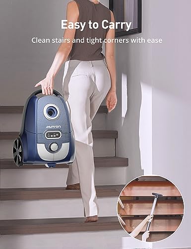 Aspiron Canister Vacuum Cleaner, 1300W Bagged Canister Vacuum, Turbo Brush, 5 Tools, 3.7Qt, H13 HEPA Filter, Automatic Cord Rewind, Vacuum Cleaner for Carpets, Hardwood Floors, Pet Hair, Blue