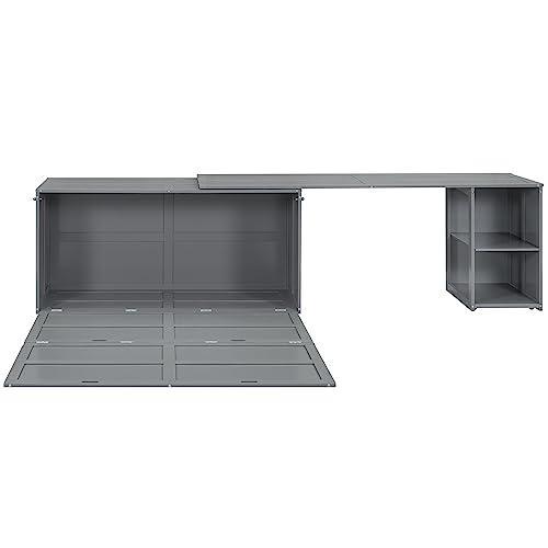 Merax Murphy Bed Queen Size, Murphy Cabinet Bed with Rotatable Desk and Shelves, Gray