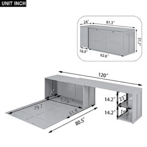 Merax Murphy Bed Queen Size, Murphy Cabinet Bed with Rotatable Desk and Shelves, Gray