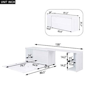 ATY Queen Size Murphy Bed with Rotable Desk, Solid Wood Bedframe w/Shelves, Can Converted into Cabinet, Save Space Design, for Kids, Students, Adults, Box Spring Not Required, White