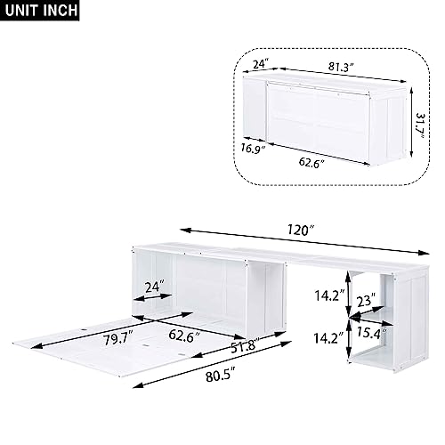 ATY Queen Size Murphy Bed with Rotable Desk, Solid Wood Bedframe w/Shelves, Can Converted into Cabinet, Save Space Design, for Kids, Students, Adults, Box Spring Not Required, White