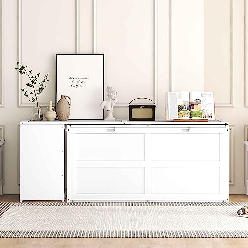 ATY Queen Size Murphy Bed with Rotable Desk, Solid Wood Bedframe w/Shelves, Can Converted into Cabinet, Save Space Design, for Kids, Students, Adults, Box Spring Not Required, White