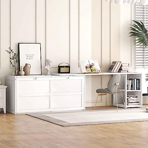 ATY Queen Size Murphy Bed with Rotable Desk, Solid Wood Bedframe w/Shelves, Can Converted into Cabinet, Save Space Design, for Kids, Students, Adults, Box Spring Not Required, White