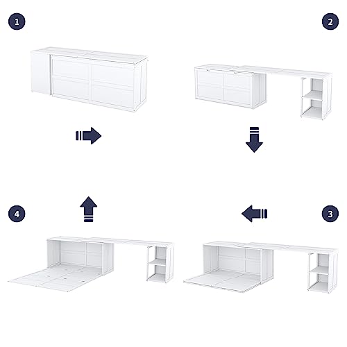 VKKILPEE Queen Size Murphy Bed with Rotatable Desk, 3 in 1 Floor Bed Frame with Cabinet & Workstation, for Small Room Living Room Bedroom, Solid Wood Construction, No Box Spring Required, White