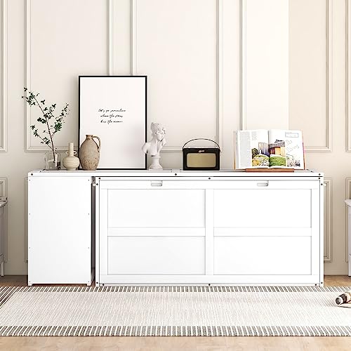 VKKILPEE Queen Size Murphy Bed with Rotatable Desk, 3 in 1 Floor Bed Frame with Cabinet & Workstation, for Small Room Living Room Bedroom, Solid Wood Construction, No Box Spring Required, White