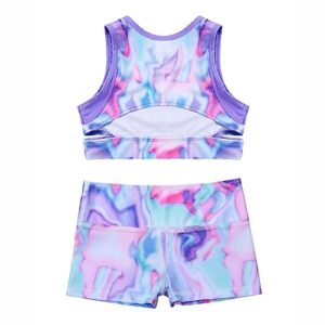 MSemis Girls' Kids 2-Piece Active Set Dance Sport Outfits Racer Back Top and Booty Short Gymnastics Dancing Clothes Tie Dye Purple 7-8