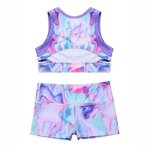 MSemis Girls' Kids 2-Piece Active Set Dance Sport Outfits Racer Back Top and Booty Short Gymnastics Dancing Clothes Tie Dye Purple 7-8