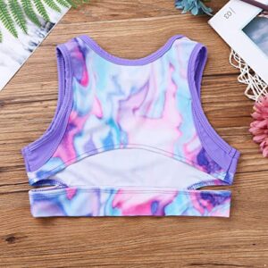 MSemis Girls' Kids 2-Piece Active Set Dance Sport Outfits Racer Back Top and Booty Short Gymnastics Dancing Clothes Tie Dye Purple 7-8