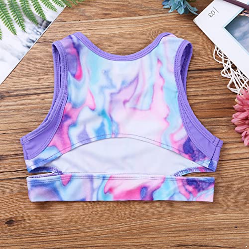 MSemis Girls' Kids 2-Piece Active Set Dance Sport Outfits Racer Back Top and Booty Short Gymnastics Dancing Clothes Tie Dye Purple 7-8