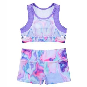 MSemis Girls' Kids 2-Piece Active Set Dance Sport Outfits Racer Back Top and Booty Short Gymnastics Dancing Clothes Tie Dye Purple 7-8