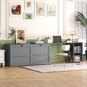 nckmyb queen murphy cube bed murphy bed with rotable desk, murphy chest bed with storage shelves for guest room or small spaces, grey
