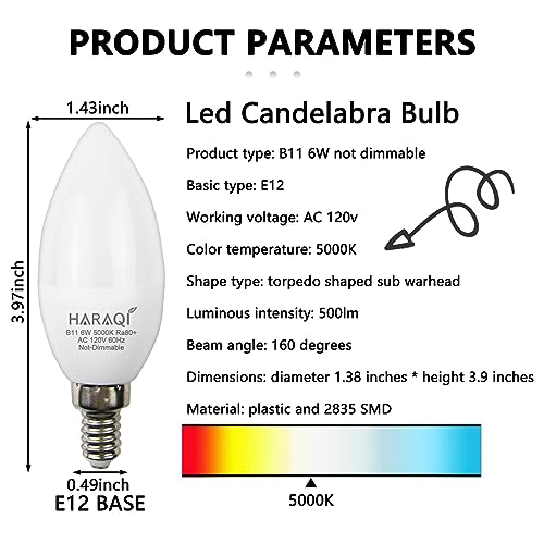 haraqi 6 Pack 6W 120V E12 Base B11 LED Filament Candle Light Bulb, 5000K Daylight White Light, 60W Equivalent Decorative Chandelier Bulbs for Ceiling Fan Lights, Pendants, Fireplace