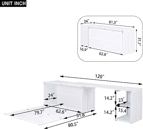 DNYN Queen Size Murphy Bed with Storage Shelves & Rotable Desk & Cabinet Design,Solid Wood Bedframe,Space Saving & No Box Spring Need,Perfect for Livingroom,Guestroom,Bedroom, White