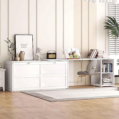 DNYN Queen Size Murphy Bed with Storage Shelves & Rotable Desk & Cabinet Design,Solid Wood Bedframe,Space Saving & No Box Spring Need,Perfect for Livingroom,Guestroom,Bedroom, White