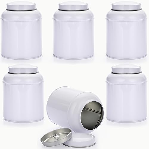 JUXYES Pack of 6 Tea Tins Canister with Airtight Double Lids, 18oz Loose Leaf Tea storage Airtight Kitchen Canisters, Round Tins Can Box for Storage Loose Tea Coffee Herbs and Spices, White