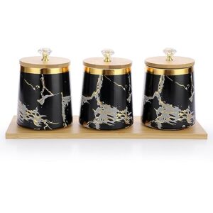 juxyes set of 3 canisters set for sugar coffee tea with airtight lid, ceramic storage containers sets black storage pots with tray storage jar decorative canisters sets for for kitchen counter