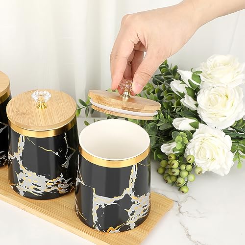 JUXYES Set of 3 Canisters Set for Sugar Coffee Tea with Airtight Lid, Ceramic Storage Containers Sets Black Storage Pots with Tray Storage Jar Decorative Canisters Sets for for Kitchen Counter