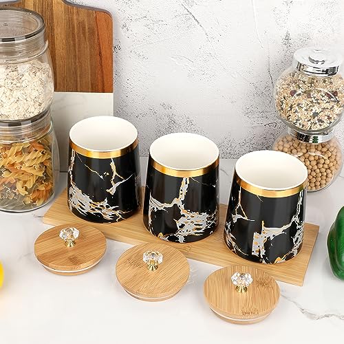 JUXYES Set of 3 Canisters Set for Sugar Coffee Tea with Airtight Lid, Ceramic Storage Containers Sets Black Storage Pots with Tray Storage Jar Decorative Canisters Sets for for Kitchen Counter