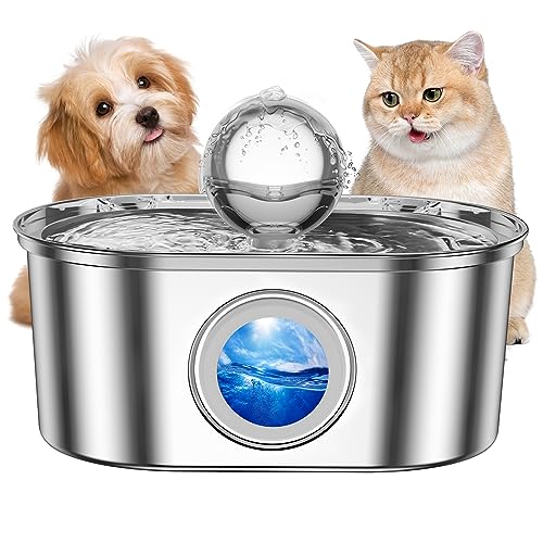 Cat Water Fountain Stainless Steel, 3.2L/108oz Super Quiet Cat Fountains for Drinking Cat Fountain Water Bowl with Water Level Window and LED Light Automatic Pet Water Fountain for Cats Dogs