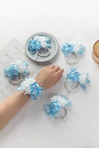auotily 6pcs/lot diy silk pe rose flowers wedding bride wrist corsage women girls hand flower groom boutonnieres man suit party decor (light blue)