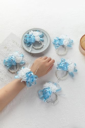 AUOTILY 6pcs/lot DIY Silk PE Rose Flowers Wedding Bride Wrist Corsage Women Girls Hand Flower Groom Boutonnieres Man Suit Party Decor (Light Blue)