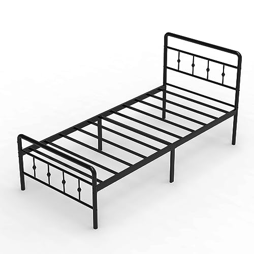 DiaOutro Classic Metal Platform Twin Bed Frames with Headboard and Footboard, 16 Inch No Box Spring Needed Heavy Duty Victorian Style Iron-Art Mattress Foundation/Under Bed Storage